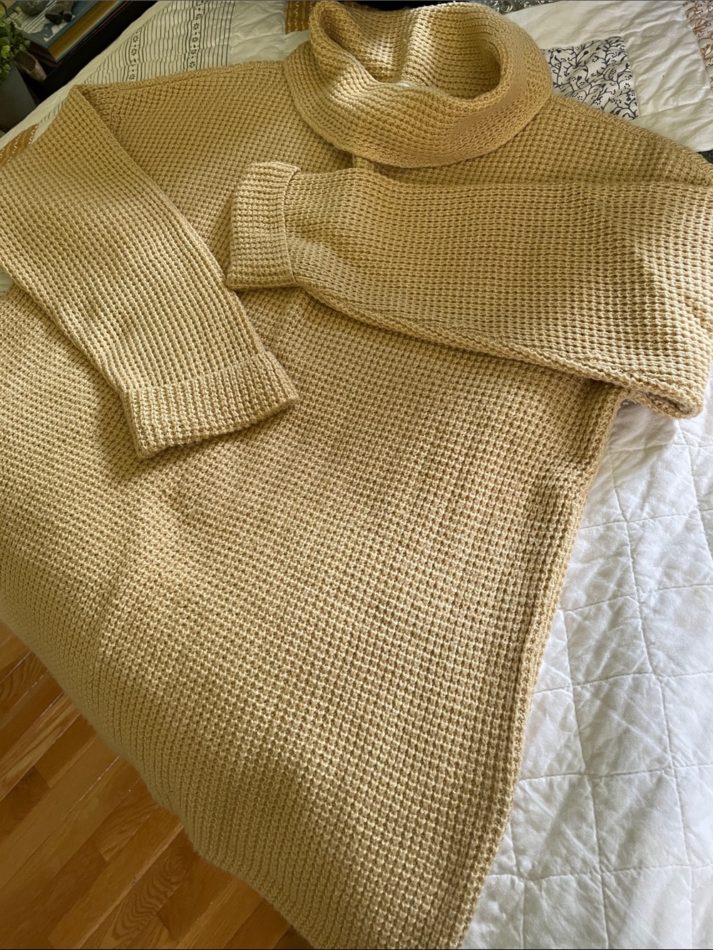 J.Jill Golden yellow pullover waffle weave cotton blend top with cowl neckline